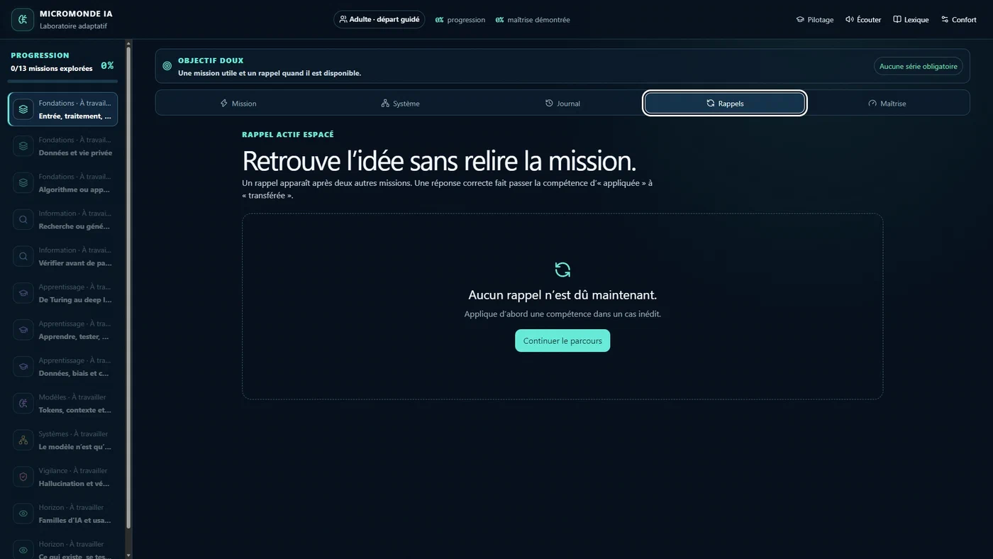 Écran Rappels de Micromonde IA : titre « Retrouve l’idée sans relire la mission » et état « Aucun rappel n’est dû maintenant ».