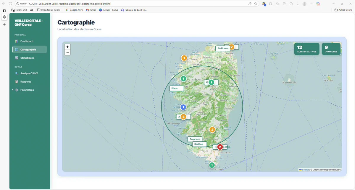 Cartographie des alertes en Corse — vue Leaflet