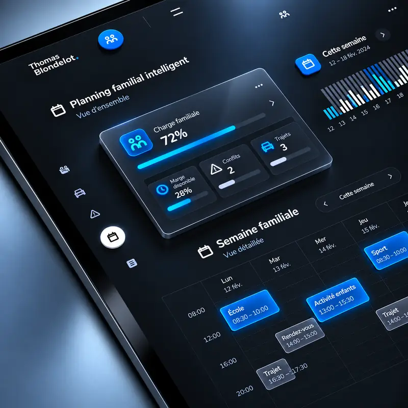 Vue immersive du Planning familial intelligent avec indicateurs de charge, marge disponible, conflits, trajets et planning hebdomadaire.